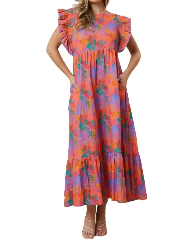 Pretty On Point Gauze Floral Midi Dress In Purple Multi Comfortable Adjustable Strap Midi Dress