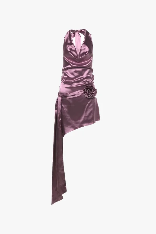 Purple Satin Draped Mini Dress Stylish Ruffle Mini Dress