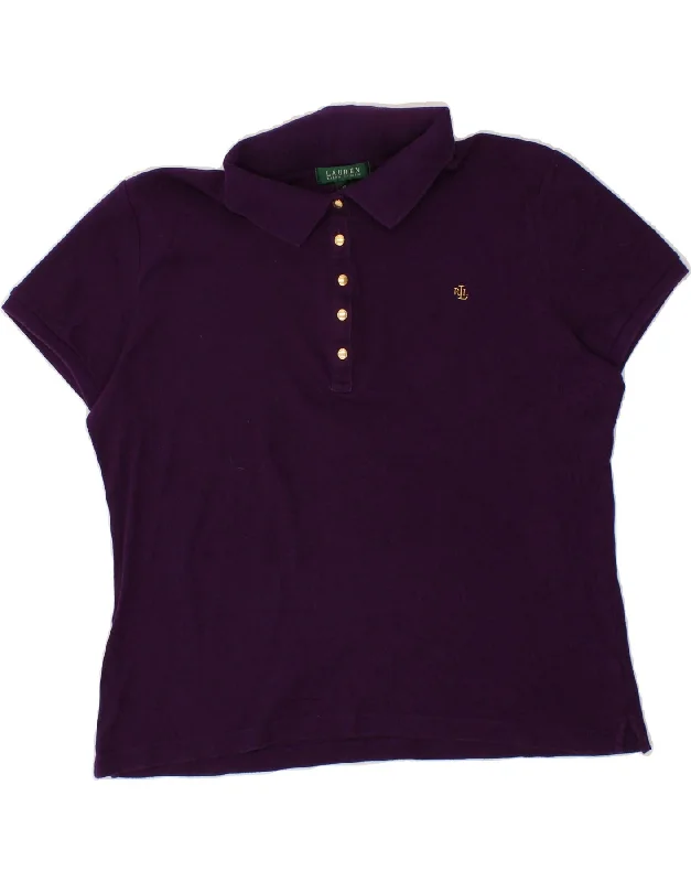 RALPH LAUREN Womens Polo Shirt UK 16 Large Purple Cotton Classic Solid Short Shirt