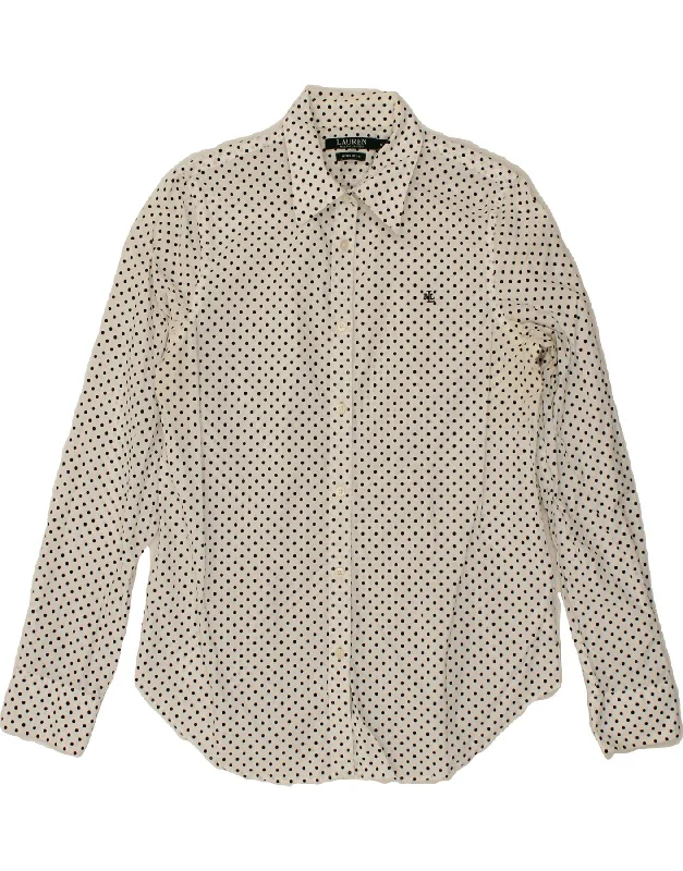 RALPH LAUREN Womens Shirt UK 12 Medium White Polka Dot Cotton Soft Silk Short Sleeve