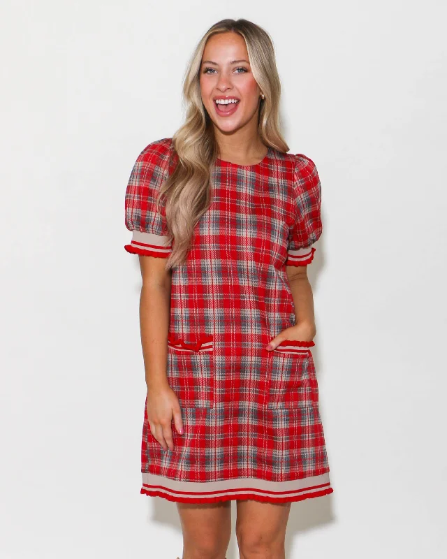 Red Plaid Short Sleeve Mini Dress Fashionable Button-Front Mini Dress