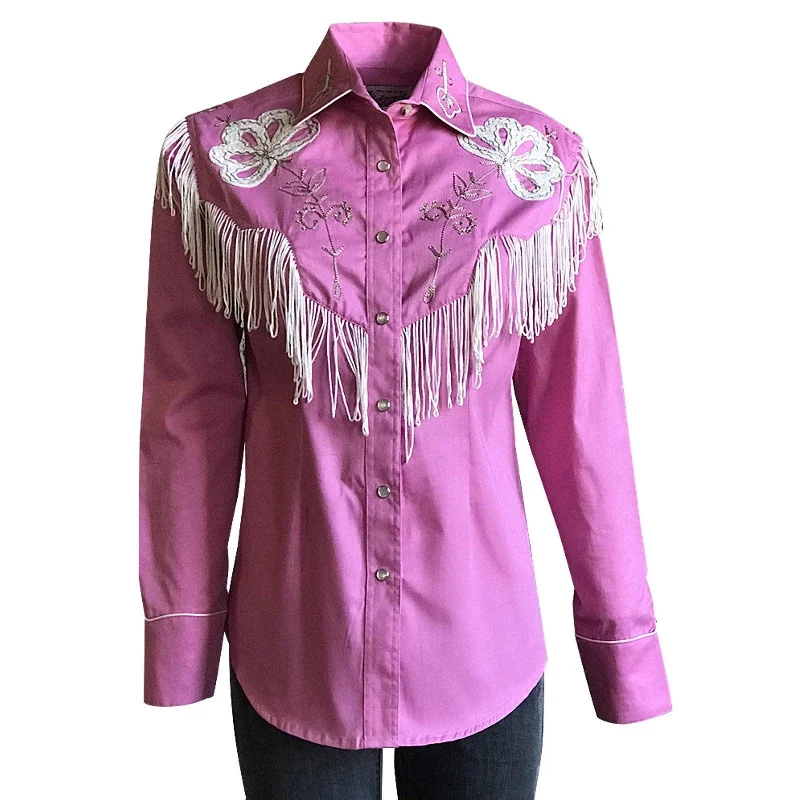 Rockmount Ranch Wear Womens Pink Fringe Embroidered Western Shirt Elegant Draped Short Shirt Rockmount Ranch Wear Womens Pink Fringe Embroidered Western Shirt Elegant Draped Short Shirt