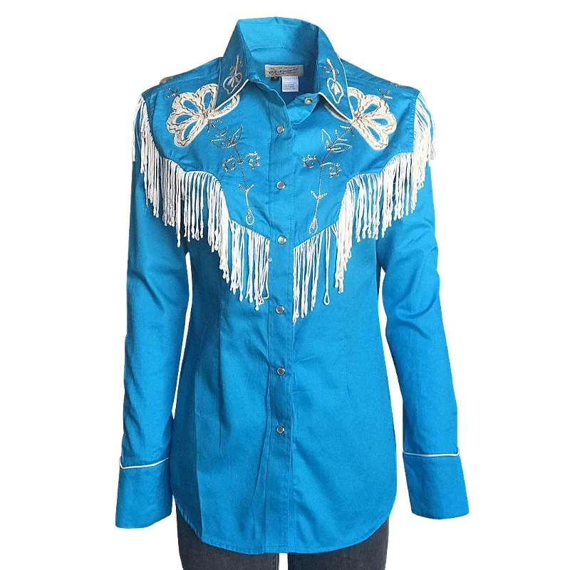 Rockmount Ranch Wear Womens Turquoise Fringe Embroidered Western Shirt Fashionable Button-Front Short Sleeve Rockmount Ranch Wear Womens Turquoise Fringe Embroidered Western Shirt Fashionable Button-Front Short Sleeve