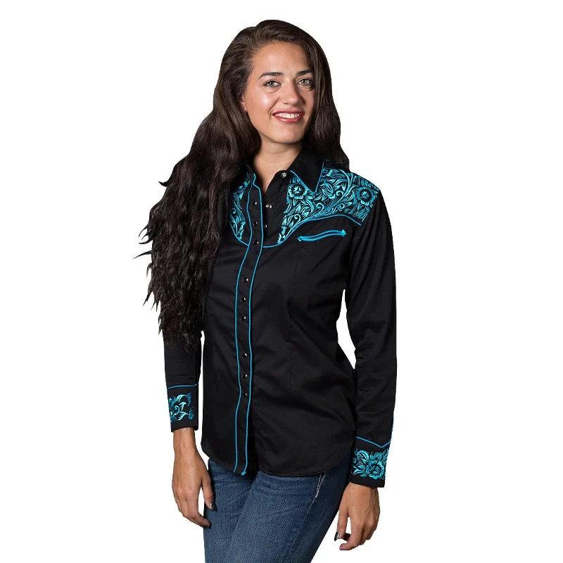 Rockmount Ranch Wear Womens Vintage Tooling Embroidery Western Shirt in Black & Turquoise Relaxed Fit Short Blouse Rockmount Ranch Wear Womens Vintage Tooling Embroidery Western Shirt in Black & Turquoise Relaxed Fit Short Blouse