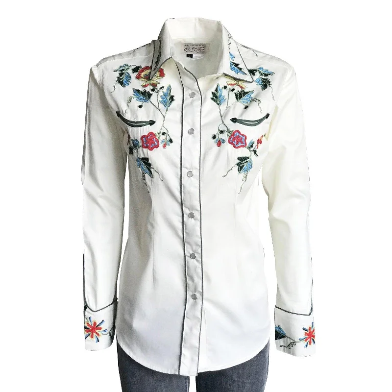 Rockmount Ranch Wear Womens White Floral Embroidery Western Shirt Trendy Summer Short Sleeve Rockmount Ranch Wear Womens White Floral Embroidery Western Shirt Trendy Summer Short Sleeve