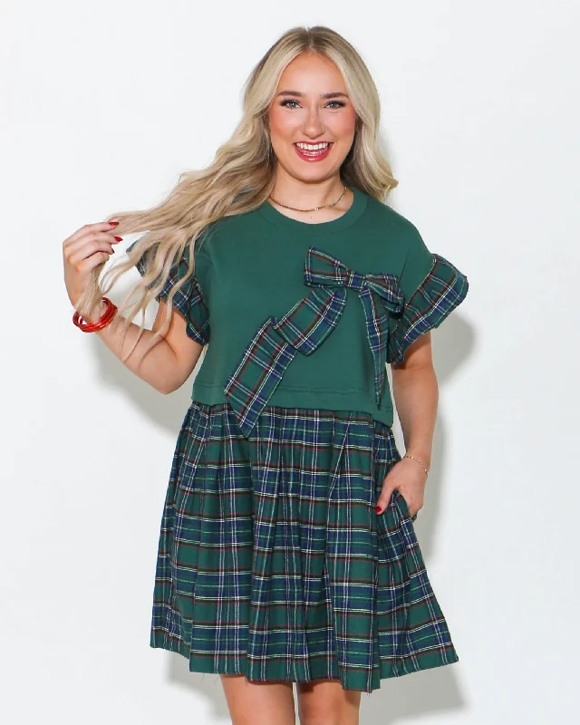 Ruffle Sleeve Plaid Ribbon Mini Dress in Green Cozy Knitted Mini Dress