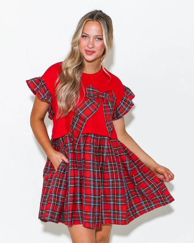 Ruffle Sleeve Plaid Ribbon Mini Dress in Red Stylish Ruffle Mini Dress