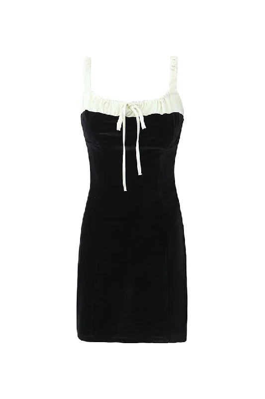 Sexy Bow Tie Suspender Strap Contrast Velvet Bodycon Party Mini Dress Comfortable Shift Mini Dress