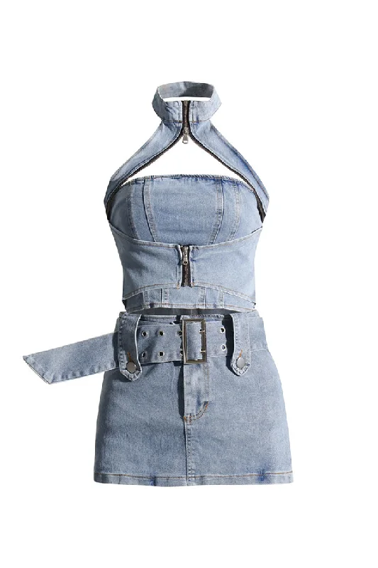 Sexy Cutout Zip Up Halter Crop Buckle Belt Two Piece Denim Micro Mini Dress Elegant Vintage Mini Dress