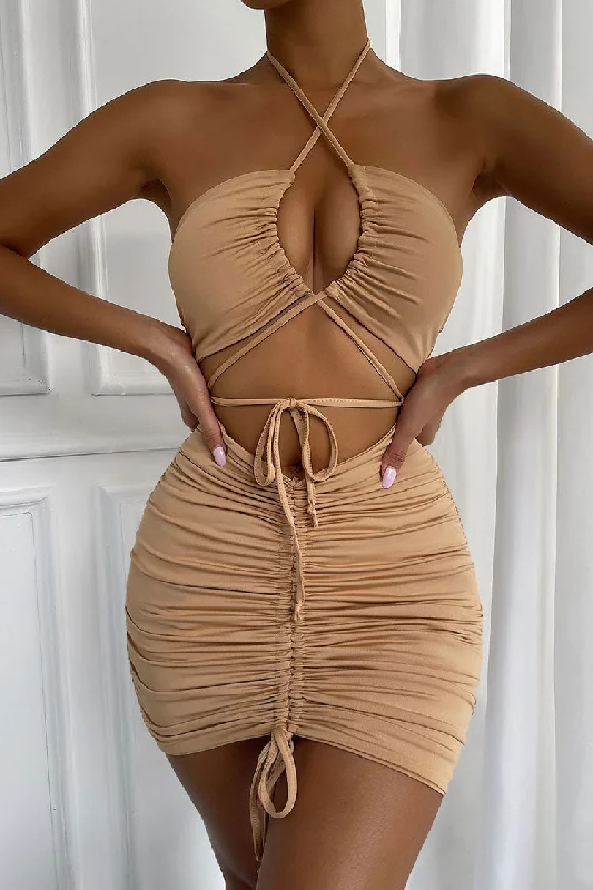 Sexy Halter Neck Cutout Drawstring Tie Ruched Bodycon Party Mini Dress - Khaki Chic Tropical Mini Dress