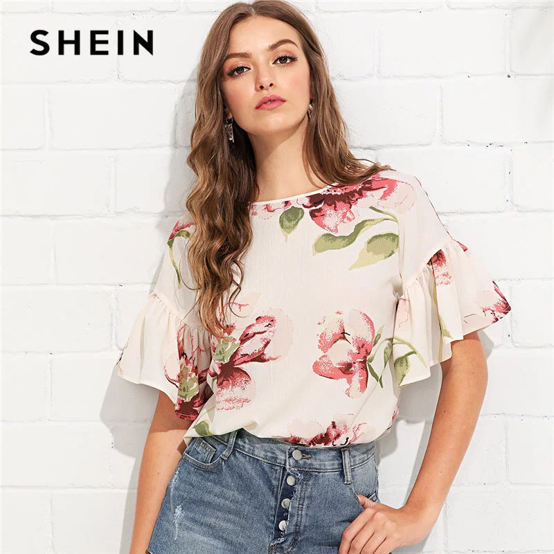 SHEIN Multicolor Vacation Bohemian Beach Floral Print Flounce Ruffle Sleeve Keyhole Back Floral Blouse Women Casual Shirt Top Classic Denim Short Sleeve SHEIN Multicolor Vacation Bohemian Beach Floral Print Flounce Ruffle Sleeve Keyhole Back Floral Blouse Women Casual Shirt Top Classic Denim Short Sleeve