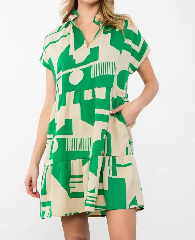 Short Sleeve Print Midi Dress In Green Stylish Striped Midi Dress