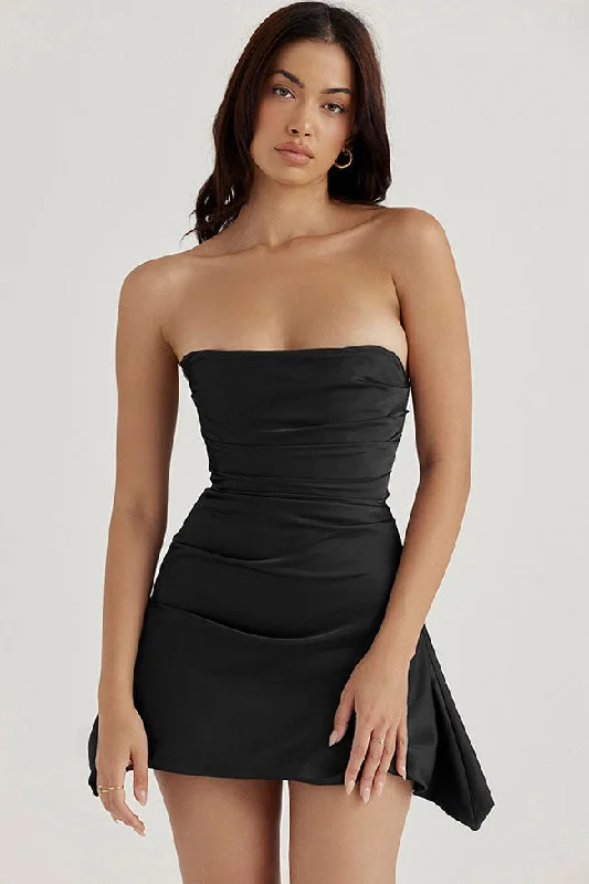 Silky Satin Pleated Trim Corset Strapless Party Mini Dress - Black Cozy Ruched Mini Dress