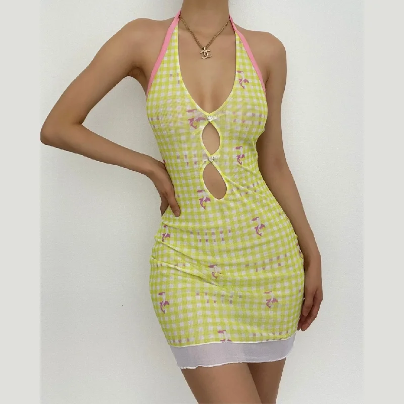 Sheer mesh plaid contrast print halter ruffle backless mini dress Chic Sleeveless Mini Dress