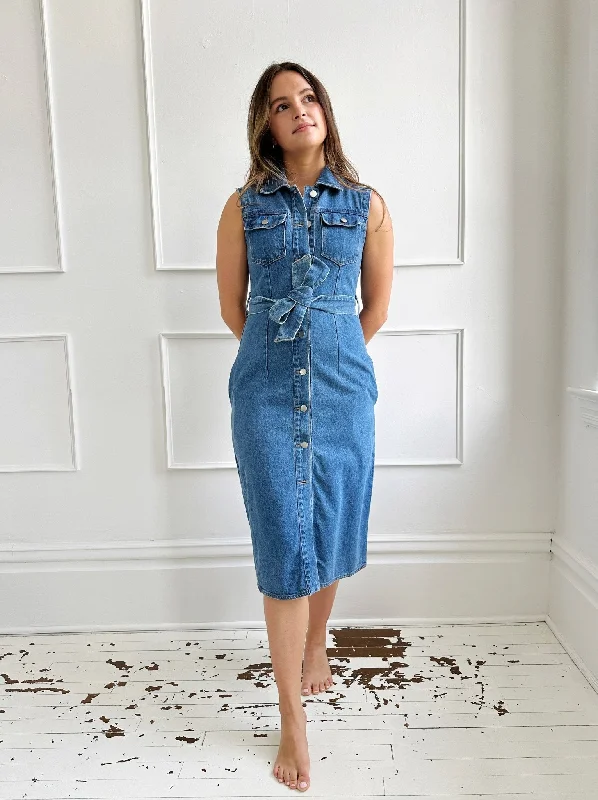 Sleeveless Denim Midi Dress - FINAL SALE Elegant Floral Appliqué Midi Dress