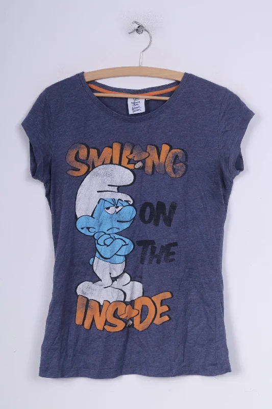 Smiling On The Inside Womens 14 L Shirt Graphic  Smurfs Blue Cotton Relaxed Fit Short Blouse