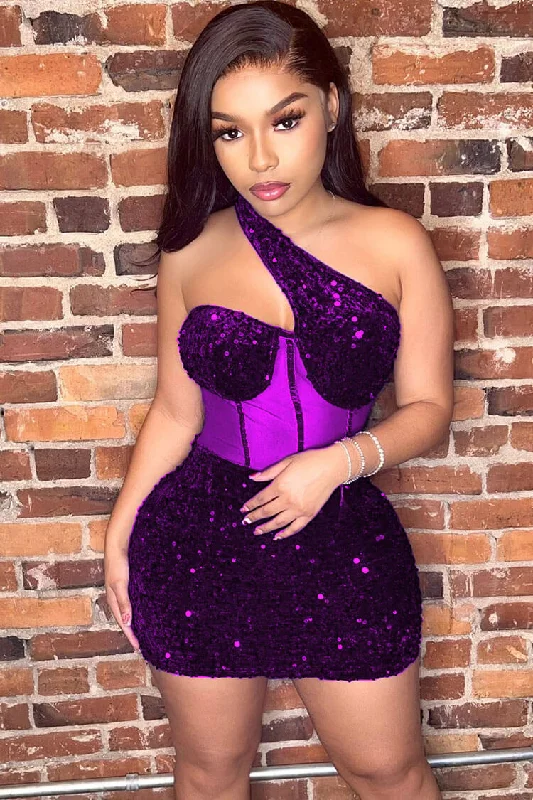 Sparkly One Shoulder Mesh Velvet Sequin Bodycon Party Mini Dress - Purple Stylish Button-Down Mini Dress