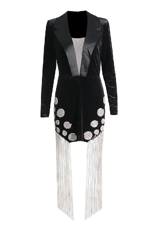 Sparkly Rhinestone Fringe Satin Lapel Plunge Velvet Bodycon Party Mini Dress Stylish Ribbed Mini Dress