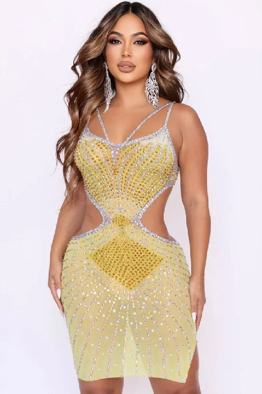 Sparkly Rhinestone V Neck Sheer Mesh Cutout Party Mini Dress - Yellow Cozy Satin Mini Dress