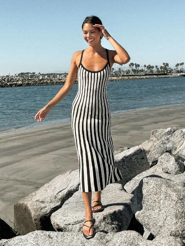 Blair Stripe Knit Midi Dress Comfortable Button Front Midi Dress