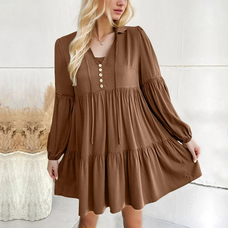 Sweet Long Flare Sleeve V-neck Mini Dress Fashionable A-Line Mini Dress