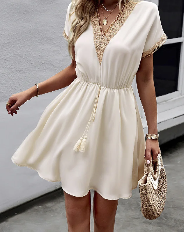 Tina Lace Hollow Out A-line Summer Mini Dress Trendy Button-Detail Mini Dress