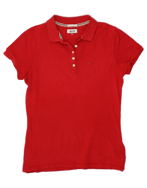 TOMMY HILFIGER Womens Polo Shirt UK 12 Medium Red Cotton Stylish Striped Short Sleeve