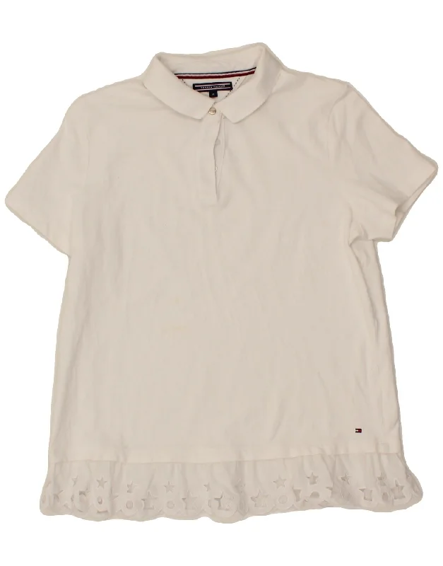 TOMMY HILFIGER Womens Polo Shirt UK 12 Medium White Cotton Trendy Tie-Front Short Shirt