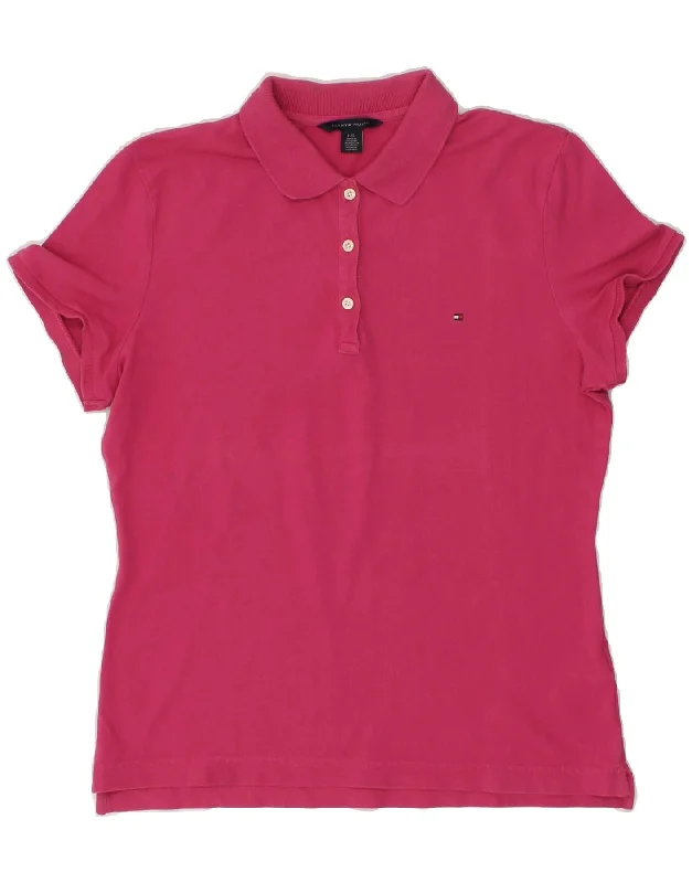 TOMMY HILFIGER Womens Polo Shirt UK 14 Large Pink Cotton Fashionable Tied Short Sleeve