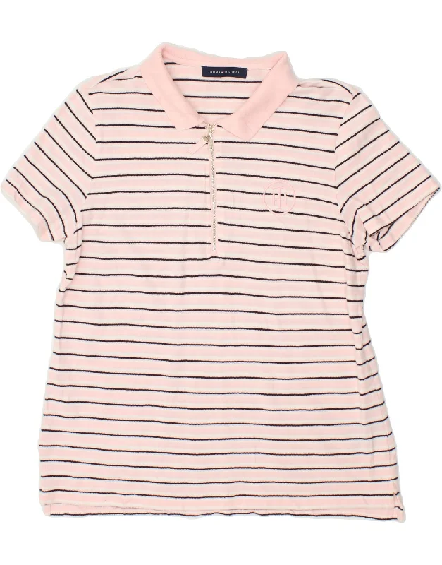 TOMMY HILFIGER Womens Polo Shirt UK 14 Medium Pink Striped Cotton Fashionable Rounded Short Shirt