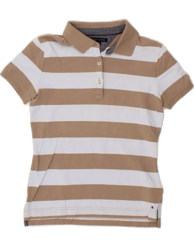 TOMMY HILFIGER Womens Polo Shirt UK 8 Small Beige Striped Cotton Casual Short Sleeve Top