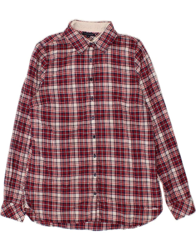 TOMMY HILFIGER Womens Shirt US 10 Large Red Check Chic Embellished Short Sleeve