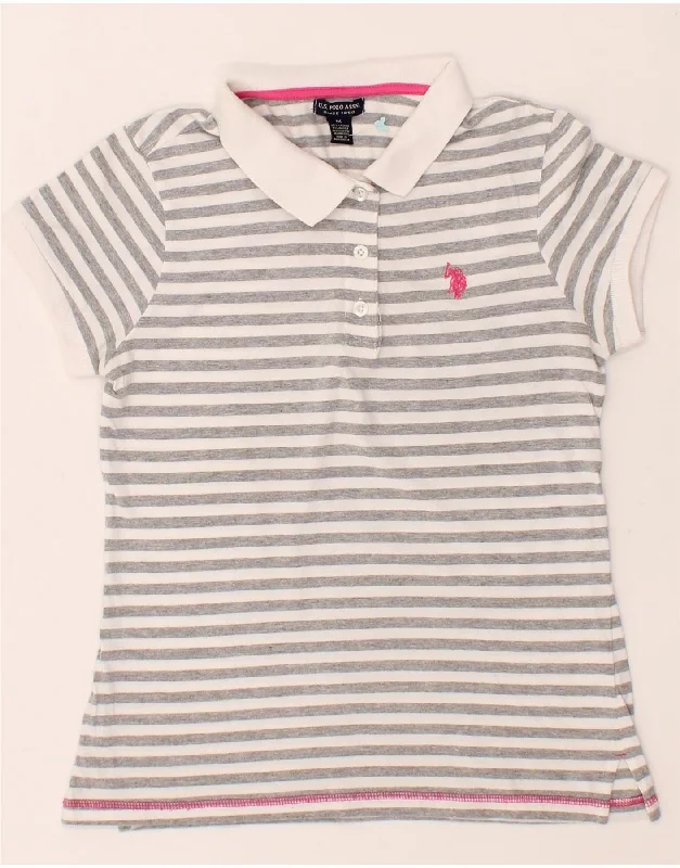 U.S. POLO ASSN. Womens Polo Shirt UK 12 Medium Grey Striped Cotton Elegant Lace Short Sleeve