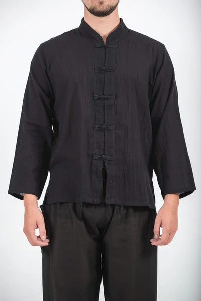 Unisex Long Sleeve Cotton Yoga Shirt with Chinese Collar in Black Chic Embellished Short Sleeve Unisex Long Sleeve Cotton Yoga Shirt with Chinese Collar in Black Chic Embellished Short Sleeve