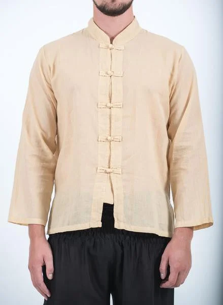 Unisex Long Sleeve Cotton Yoga Shirt with Chinese Collar in Cream Relaxed Cotton Short Blouse Unisex Long Sleeve Cotton Yoga Shirt with Chinese Collar in Cream Relaxed Cotton Short Blouse