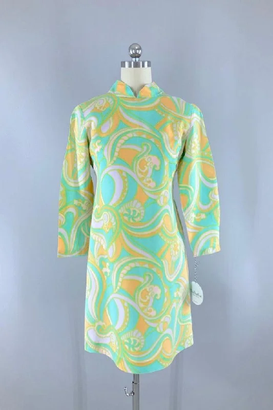 Vintage Aqua Mod Paisley Print Mini Dress Trendy Floral Mini Dress