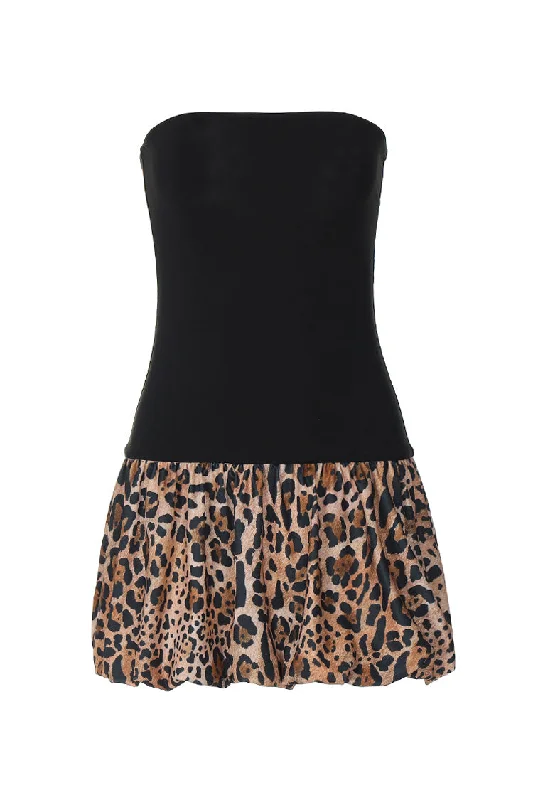 Vintage Strapless Contrast Leopard Panel Drop Waist Bubble Party Mini Dress Chic Pleated Mini Dress