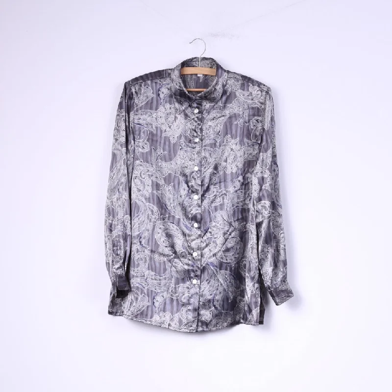 Vintage Women 12 38 Casual Shirt Gray Shiny Shoulder Pads Baroque Print Top Casual Cotton Short Shirt