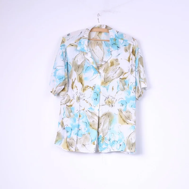 Vintage Women XL Casual Shirt Flower Print Short Sleeve Top White Comfortable Loose Short Sleeve