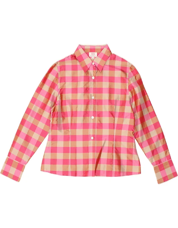 VINTAGE Womens Shirt Blouse IT 44 Medium Pink Check Trendy Turtleneck Short Shirt