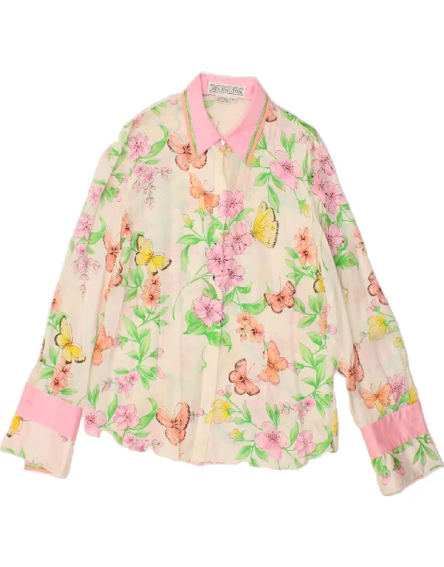 VINTAGE Womens Shirt Blouse UK 10 Small Pink Floral Butterfly Comfortable Summer Short Shirt