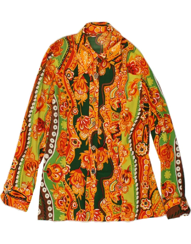 VINTAGE Womens Shirt Blouse UK 12 Medium Orange Floral Chic V-Neck Short Blouse