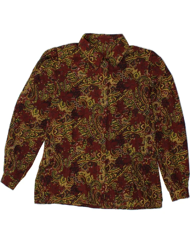 VINTAGE Womens Shirt Blouse UK 14 Large Maroon Paisley Comfortable Knit Short Shirt