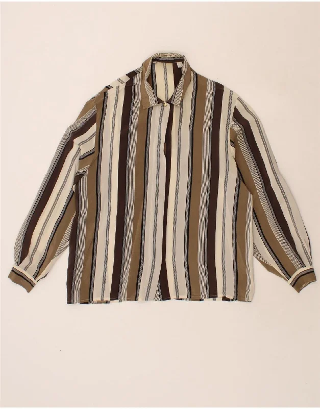 VINTAGE Womens Shirt Blouse UK 16 Large Brown Striped Silk Cozy Printed Short Shirt