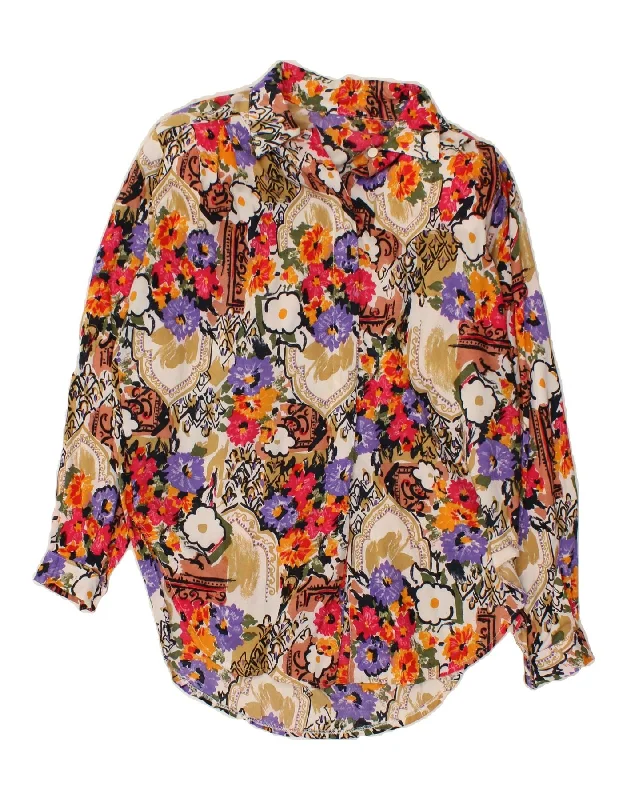 VINTAGE Womens Shirt Blouse UK 18 XL Multicoloured Floral Viscose Trendy Short Sleeve Tunic