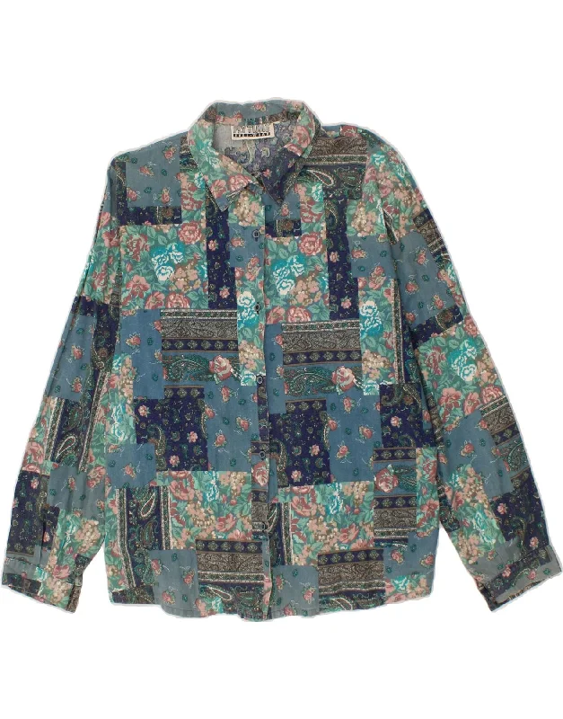 VINTAGE Womens Shirt UK 16 Large Blue Patchwork Cozy Printed Short Shirt