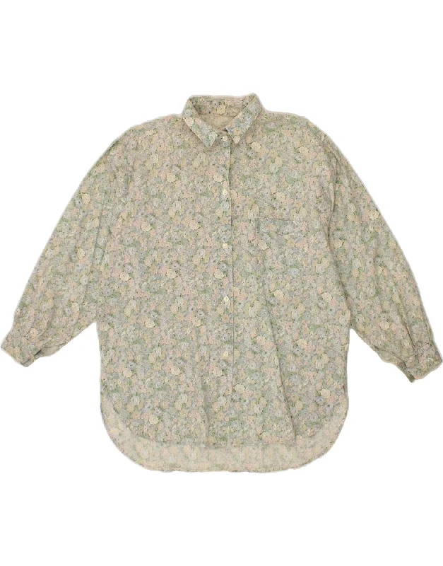 VINTAGE Womens Shirt UK 18 XL Green Floral Comfortable Pocket Short Shirt