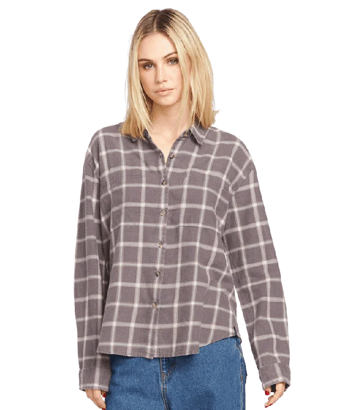 VOLCOM Women's Plaid To Meet U 2 Long Sleeve Shirt Dark Grey Fashionable Tied Short Sleeve VOLCOM Women's Plaid To Meet U 2 Long Sleeve Shirt Dark Grey Fashionable Tied Short Sleeve
