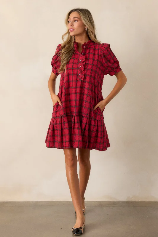 Warmth from Within 100% Cotton Red Plaid Mini Dress Casual Mini Dress with Pockets