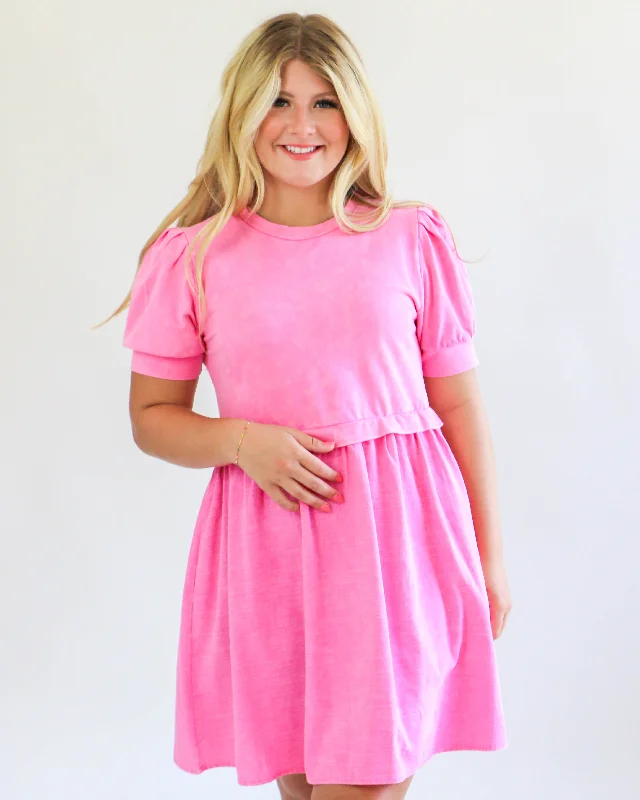 Washing Cotton Mini Dress in Pink Comfortable Boho Mini Dress